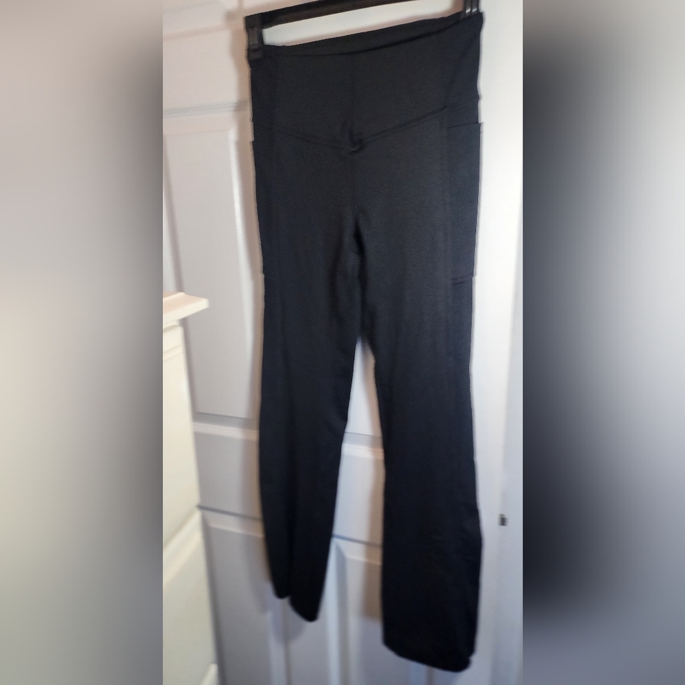 Bebe Sport logo womens sz M work out leggings black ribbed side strip w pockets - Picture 2 of 9